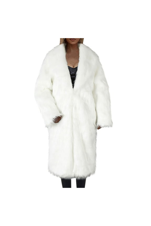 Women's Long Faux Fur Coat - Winter Warm Turn-Down Collar Full-Length Outerwear, Soft Oversized Faux Fur Jacket for Daily & Party Wear
