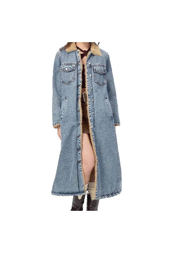 Women's Long -Shearling Lined Denim Jacket Oversized Button Down Maxi Jean Coat Classic Lapel Outercoat