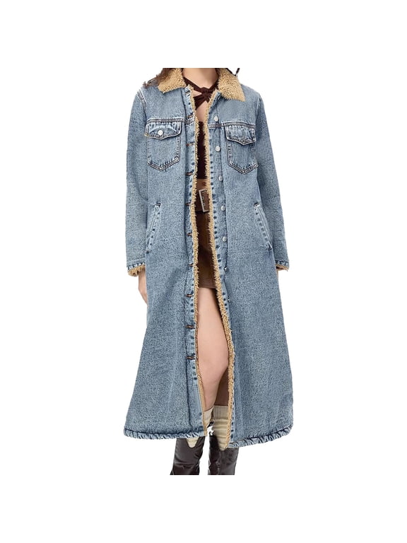 Women's Long -Shearling Lined Denim Jacket Oversized Button Down Maxi Jean Coat Classic Lapel Outercoat
