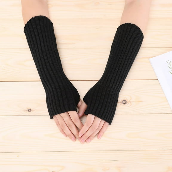 Women's Long Fingerless Arm Gloves, Thumb Hole Design Cable Knit Arm Warmers, Touchscreen Compatible Winter Gloves for Typing and Outdoor Activities, Stretchy Arm Sleeves for Cold Weather - Black