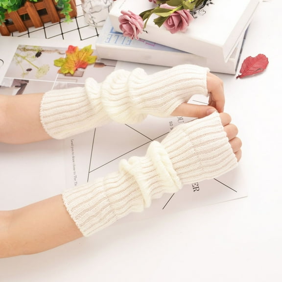 Women's Long Fingerless Arm Gloves, Thumb Hole Design Cable Knit Arm Warmers, Touchscreen Compatible Winter Gloves for Typing and Outdoor Activities, Stretchy Arm Sleeves for Cold Weather - White