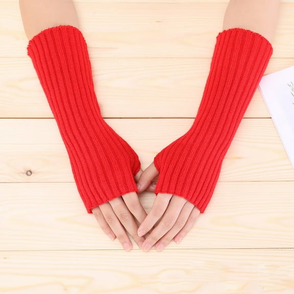 Women's Long Fingerless Arm Gloves, Thumb Hole Design Cable Knit Arm Warmers, Touchscreen Compatible Winter Gloves for Typing and Outdoor Activities, Stretchy Arm Sleeves for Cold Weather - Red