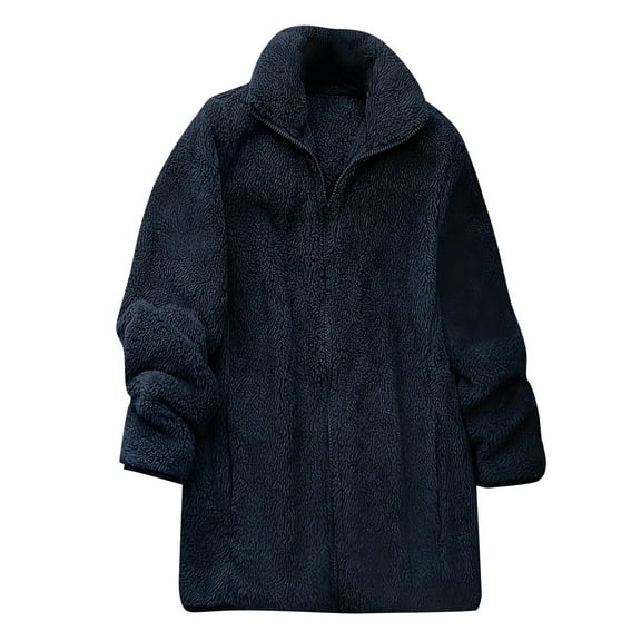 Women's Long Flannel Plaid Jacket Shacket Cozy Lapel Button Down Shirt Jacket Fuzzy Trench Coat Navy, XL