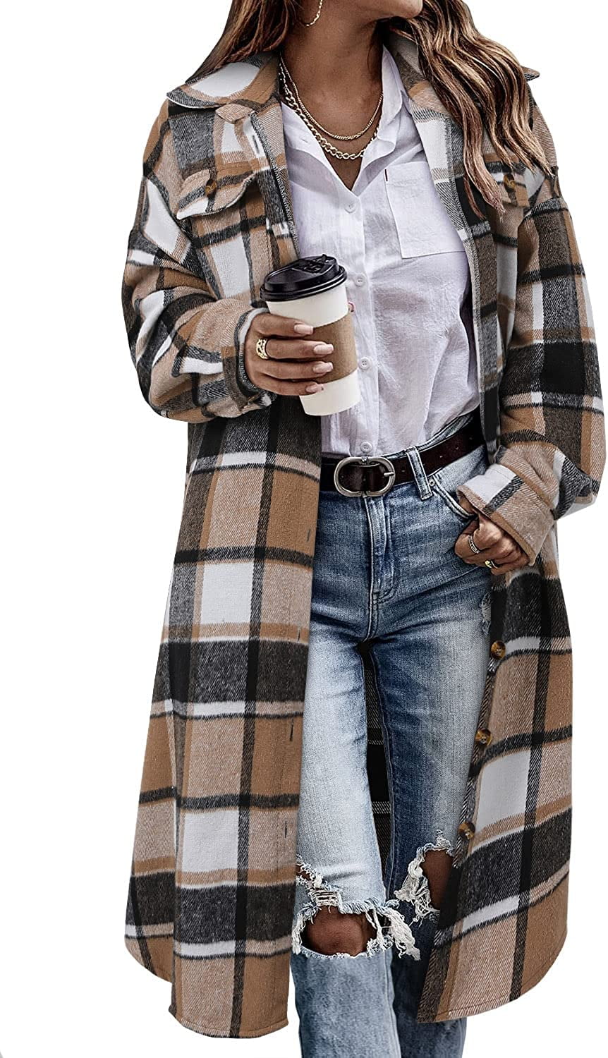 Women's Long Flannel Plaid Jacket Shacket Cozy Lapel Button Down Shirt  Jacket Fuzzy Trench Coat[brown,X-Large]