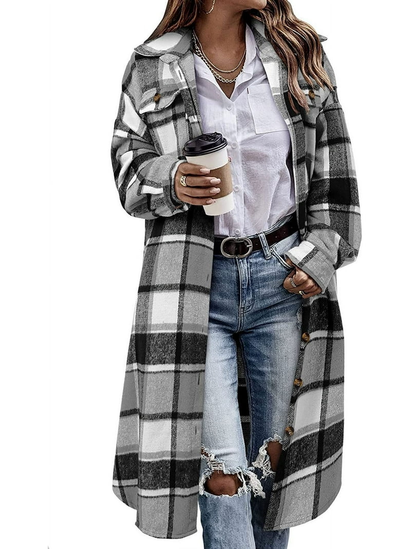 Women's Long Flannel Plaid Jacket Shacket Cozy Lapel Button