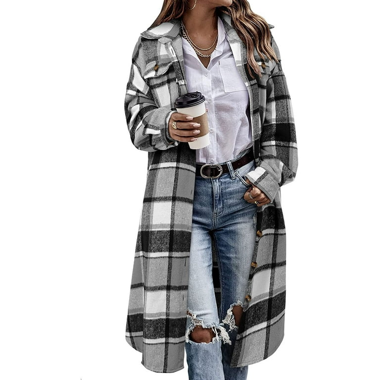 Women's Long Flannel Plaid Jacket Shacket Cozy Lapel Button Down