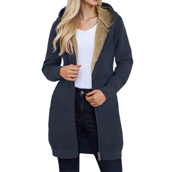 Women's Long Flannel Plaid Jacket Shacket Cozy Lapel Button Down Shirt Jacket Fuzzy Trench Coat with Pockets Navy, L