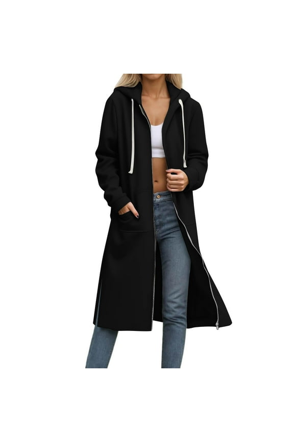 Women's Long Fleece Cardigan Hoodie Full Zip Oversized Tunic Jacket with Pockets Black 2XL