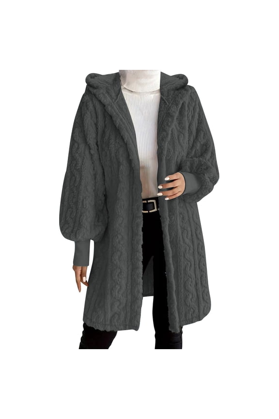 Women's Long Fleece Hooded Jackets Full Sleeve Cable Knitted Cardigan Winter Outerwear Dark Gray XL