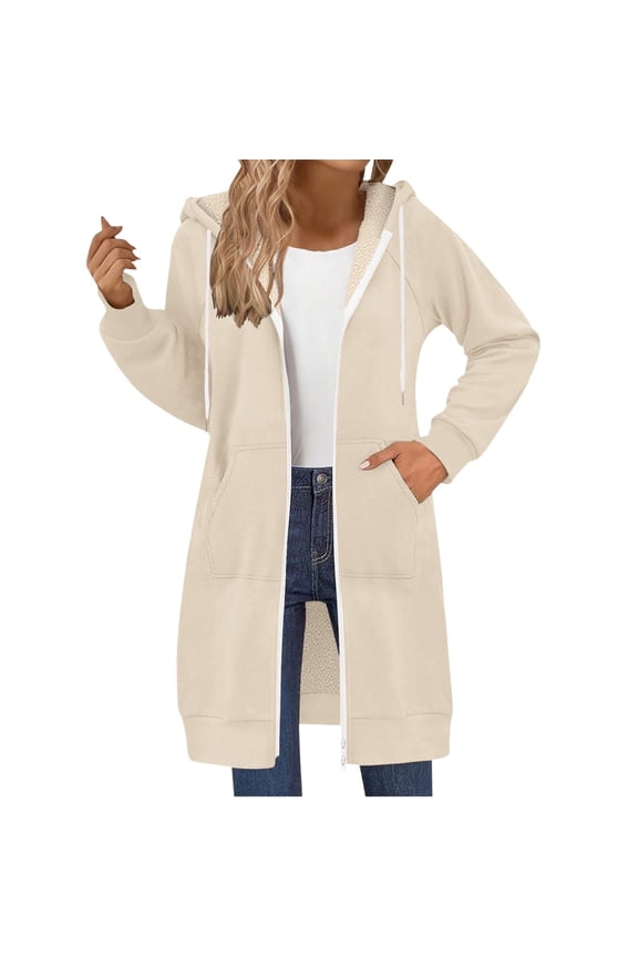 Women's Long Fleece Hoodie Jacket, Soft Lightweight Breathable Sweatshirt with Kangaroo Pocket, Casual Lounge Wear for Home, Vacation, Outdoor Activities, and Daily Comfort Beige L