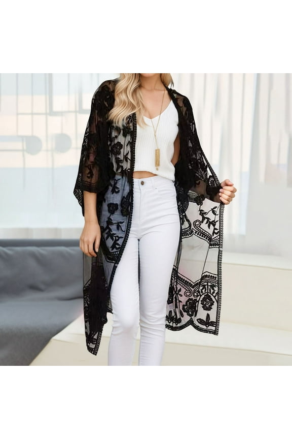 Women's Long Flowy Lace Kimono Cardigan Open Style Beach Cover Ups Sweaters for Women Tie Front Canoe Sweater Fall Fashion Cardigans Sweaters for Older Women Soft Women Sweaters Womens Long