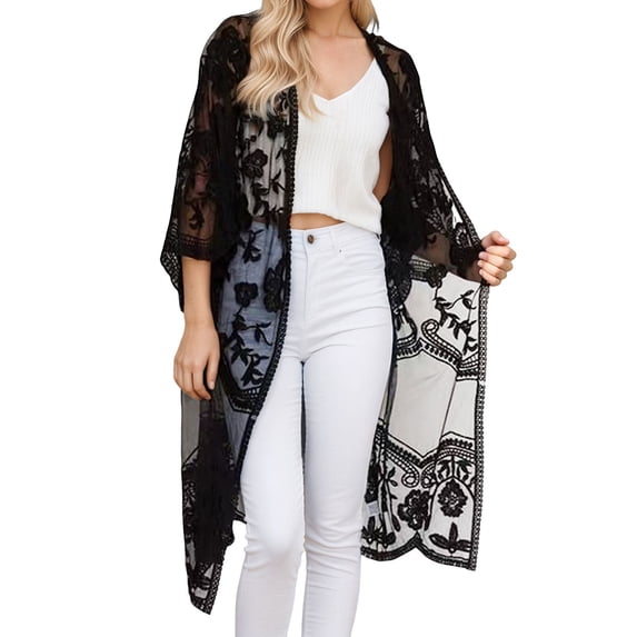 Women's Long Flowy Lace Kimono Cardigan Open Style Beach Cover Ups plus Size Sweaters Women