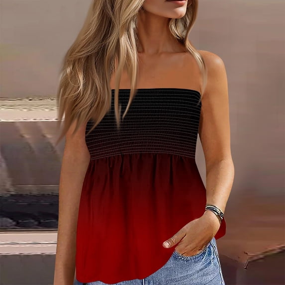 Women's Long Flowy Tube Tops Strapless Bandeau Tanks Beach Coverups Summer Casual Blouses Red S