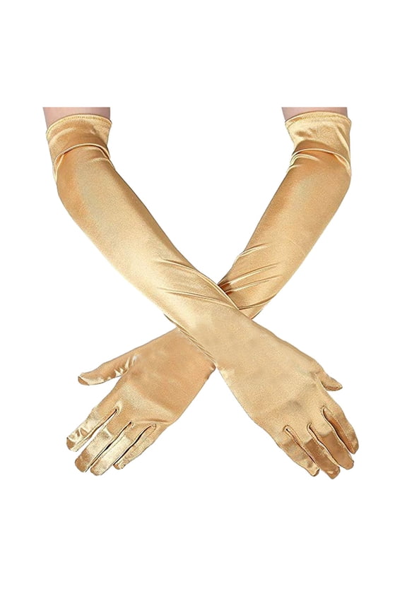 Women's Long Formal Evening Gloves, Sexy Cosplay Performance Gloves for Wedding, Stage Shows, and Special Events, Satin Elegant Opera Length Gloves for Bridal, Burlesque, and Costume Wear Gold