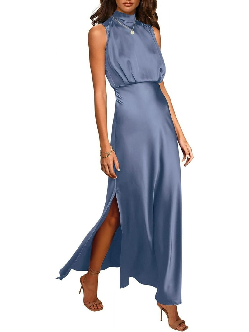 Women's Long Formal Satin Dress Mock Neck Sleeveless Side Slit Flowy Maxi  Tank Dresses - Walmart.com