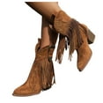 thumbnail image 1 of Women's Long Fringe Wide Calf Cowgirl Boots Boho Casual Suede Chunky Block High Heel Mid Calf Cowboy Dress Short Booties Brown Size 9.5, 1 of 8