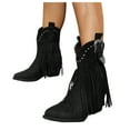 thumbnail image 1 of Women's Long Fringe Wide Calf Cowgirl Boots Boho Casual Suede Chunky Block High Heel Mid Calf Cowboy Dress Short Booties Black Size 7.5, 1 of 6