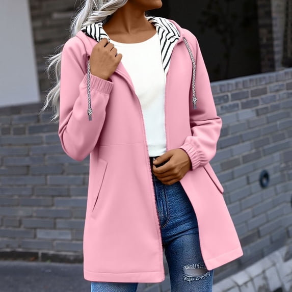 Women's Long Full Zip Hooded Jackets Striped Lined Lightweight Coats for Ladies Outdoor Hiking Travel Trench Casual Jackets(Pink,XL)