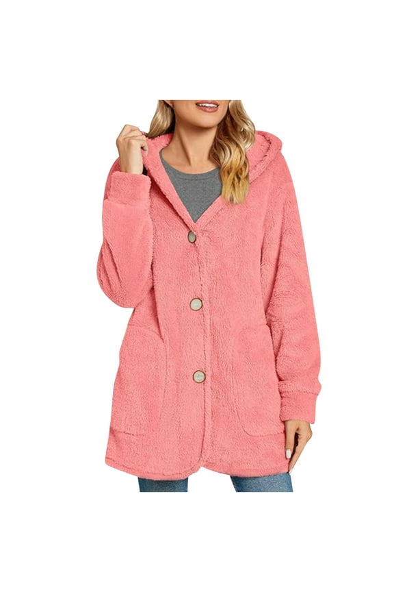 Women's Long Fuzzy Fleece Hoodies Jacket Faux Fur Button Down Sherpa Coats Warm Winter Plush Outerwear with Pockets