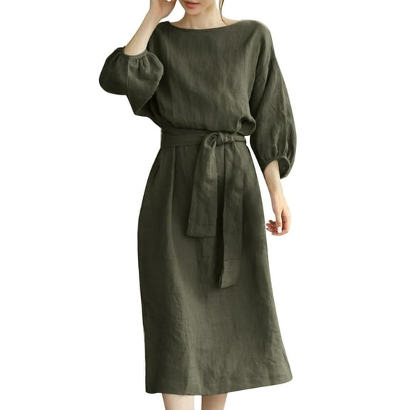 Women's Long High Waist Tied Solid Color Round Neck Dress - Cotton Linen, Casual/Beach/Party Maxi Dress