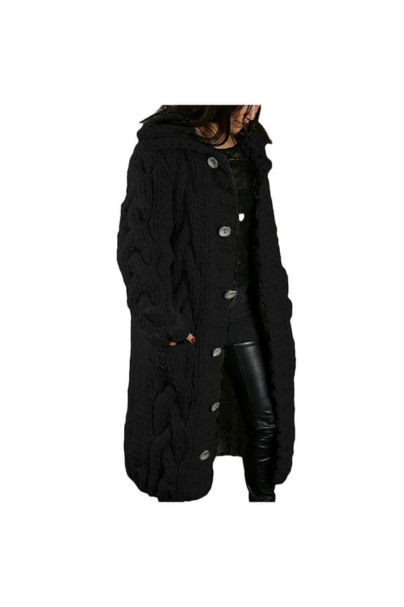 Women's Long Hooded Cardigan Sweater with Pockets and Full Button Front for Cozy Outerwear