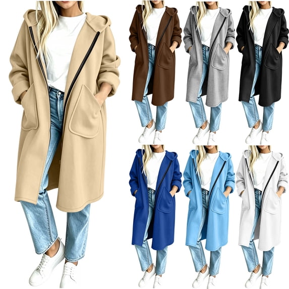 Women's Long Hooded Coat Oversized Casual Zip Front Long Sleeve Loungewear Outerwear Jacket with Pockets Khaki S