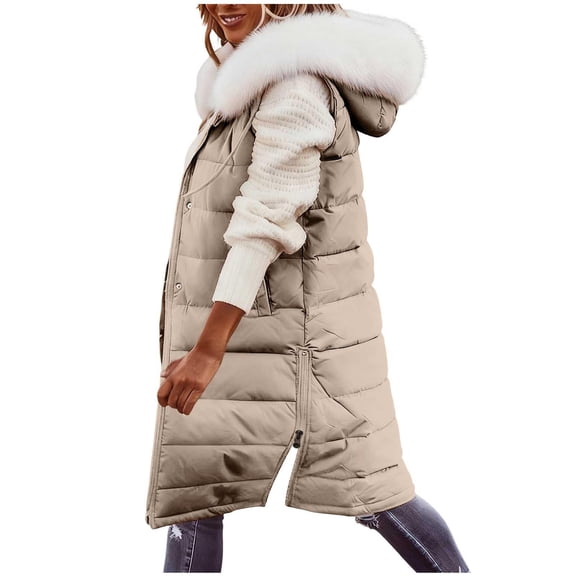 Women's Long Hooded Down Jacket - Warm Longline Puffer Coat for Cold Seasons (Beige, L)