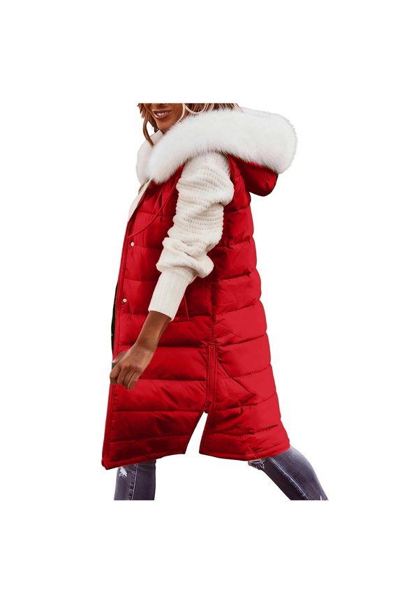 Women's Long Hooded Down Jacket - Warm Longline Puffer Coat for Cold Seasons (Red, S)