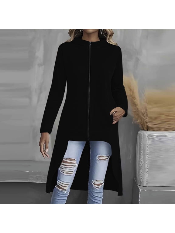 Women's Long Hooded Jacket Full Zip Oversized High Low Fleece Sweatshirt Coat with Side Pockets Black S