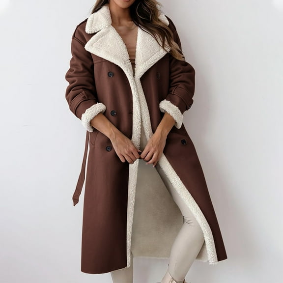 Women's Long Hooded Jacket Ndbuld Women's Plus Fleece Jacket Warm Long Coat Sweater Coat on Clearance Coffee L