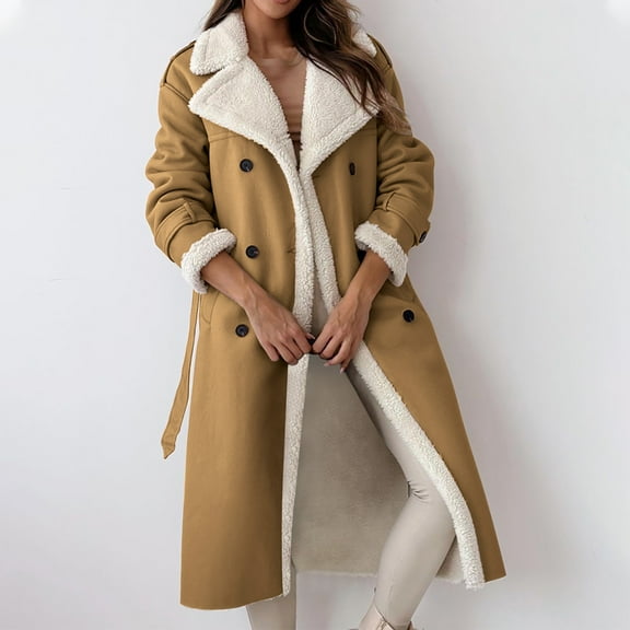 Women's Long Hooded Jacket Ndbuld Women's Plus Fleece Jacket Warm Long Coat Sweater Coat on Clearance Khaki L