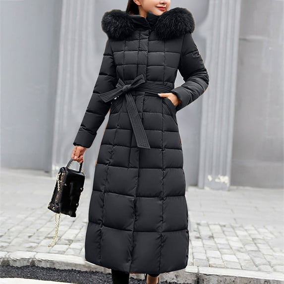 Women's Long Hooded Puffer Coat, Belted Waist Winter Jacket with Faux Fur Trim, Quilted Parka, Warm Down Alternative Coat, Casual Outerwear Black XXXL