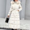 thumbnail image 1 of Women's Long Hooded Puffer Coat, Belted Waist Winter Jacket with Faux Fur Trim, Quilted Parka, Warm Down Alternative Coat, Casual Outerwear White M, 1 of 8