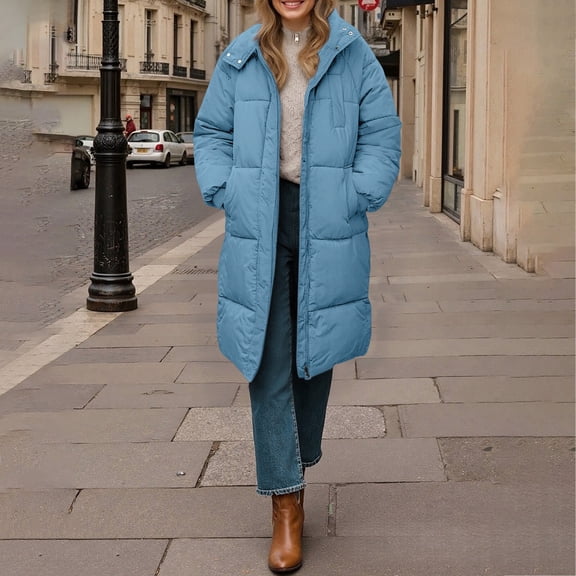 Women's Long Hooded Puffer Jacket, Stand Collar Quilted Parka, Thick Warm Winter Coat, Cotton Filled Casual Outerwear, Mid-Length Winter Jacket Blue M