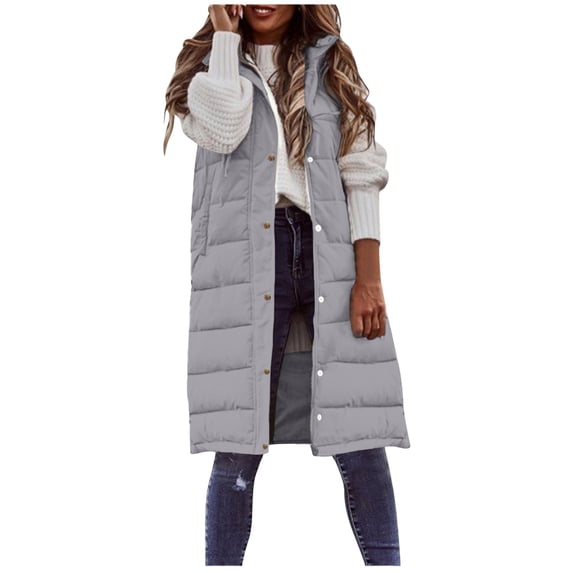 Women's Long Hooded Puffer Vest, Sleeveless Quilted Jacket, Packable Puffy Vest, Casual Winter Layer, Oversized Sleeveless Coat Light Ashy XXXL