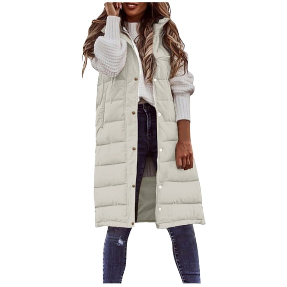 Women's Long Hooded Puffer Vest, Sleeveless Quilted Jacket, Packable Puffy Vest, Casual Winter Layer, Oversized Sleeveless Coat White XXXL