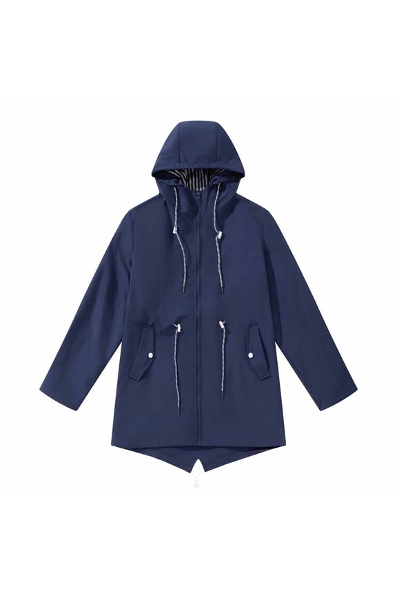 Women's Long Hooded Rain Jacket Outdoor Raincoat Windbreaker Hiking Running Outdoor Jackets with Pockets Cute Hoodies for Women S-137 Navy L