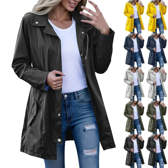 Women's Long Hooded Rain Jacket Outdoor Raincoat Windbreaker Winter Coat And Windproof Solid Jackets For Outdoor Hiking Trips Hooded Raincoat Windbreaker Tops