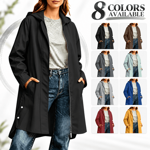 Women's Long Hooded Rain Jacket Waterproof Wind Resistant Rain Coat with Pockets Loose Outdoor Travel Hiking Windbreaker