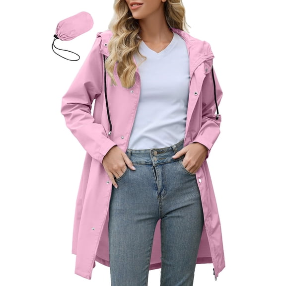 Women's Long Hooded Rain Jacket, Waterproof Windbreaker Coat, Lightweight Outdoor Jacket, Casual Windbreaker, Hiking Raincoat, Daily Wear Jacket Pink M