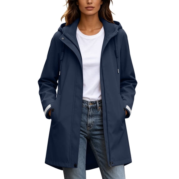 Women's Long Hooded Rain Jacket Waterproof Windproof Outdoor Hiking Coat Drawstring Pockets Lightweight Windbreaker S-3XL Navy
