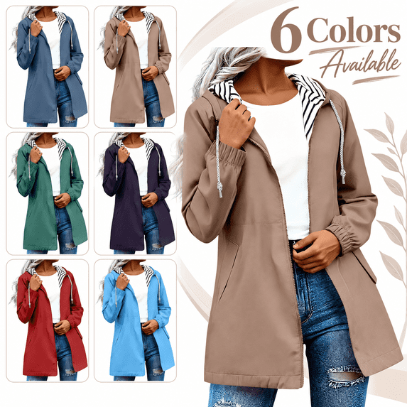 Women's Long Hooded Raincoat - Lightweight Zip Waterproof Rain Jackets - Outdoor Travel Hiking Jackets with Pockets