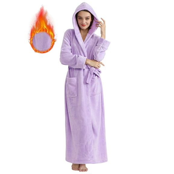 Women's Long Hooded Robe Luxurious Flannel Fleece Bathrobe with Mid-calf Ankle Full Floor Length