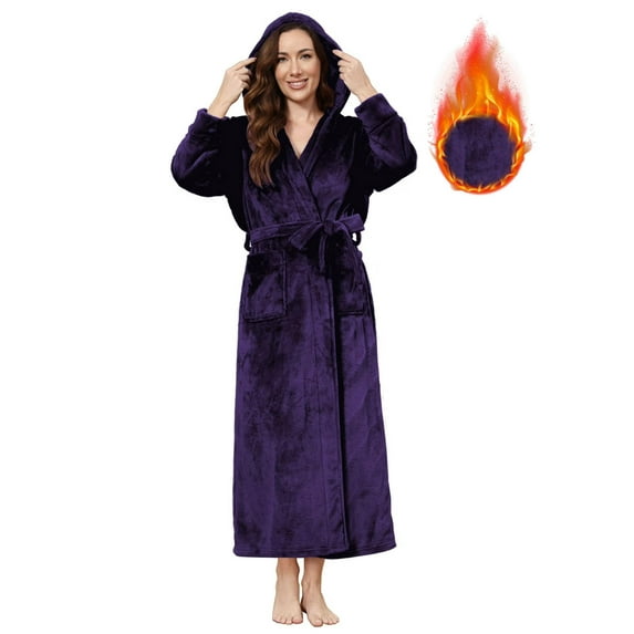 Women's Long Hooded Robe Luxurious Flannel Fleece Bathrobe with Mid-calf Ankle Full Floor Length