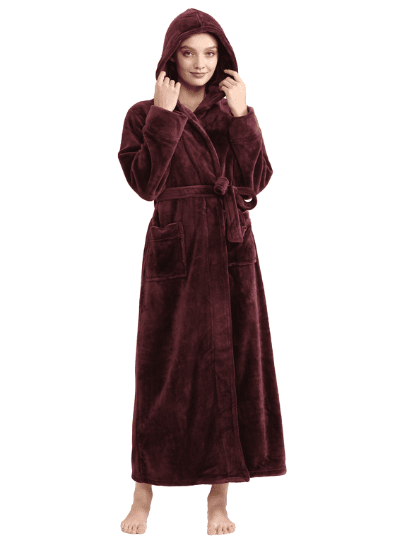Women's Long Hooded Robe Luxurious Flannel Fleece Bathrobe with Mid-calf Ankle Full Floor Length