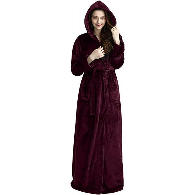 Women's Thick Winter House Robe, Luxurious Flannel Fleece, Long Hooded