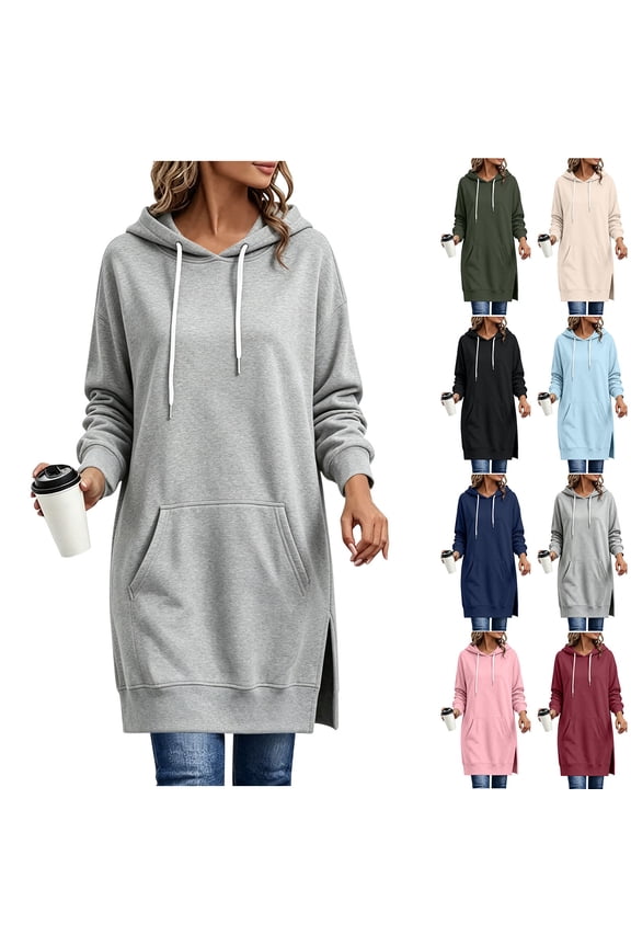 Women's Long Hooded Sweatshirt Drawstring Long Sleeve Side Split Shirt Fall & Winter Oversized Pullover Tops With Pocket