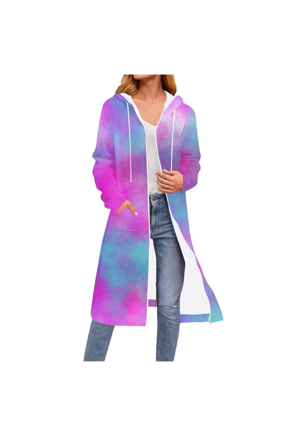 Women's Long Hooded Sweatshirt Gradient Tie Dye Full Zip-Up Winter Spring Hoodie Coat Drawstring Fashion Jackets