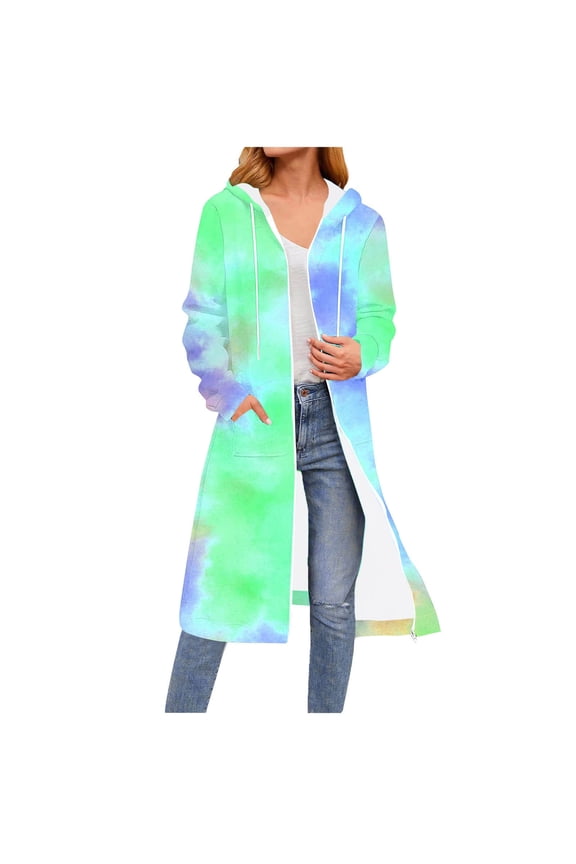 Women's Long Hooded Sweatshirt Gradient Tie Dye Full Zip-Up Winter Spring Hoodie Coat Drawstring Fashion Jackets