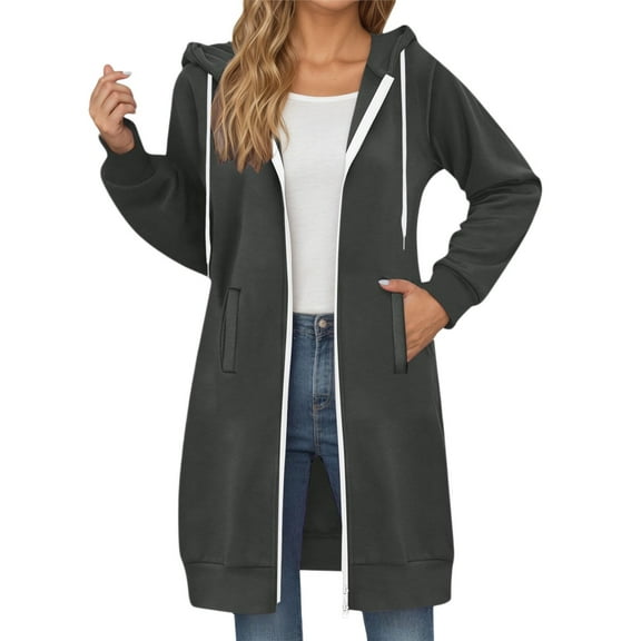 Women's Long Hooded Sweatshirt Plus Size Casual Pullover Coat With Drawstring Pockets Gray 2XL